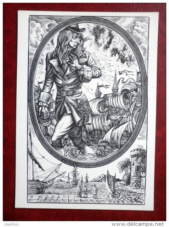 warships - Gulliver's Travels by Jonathan Swift - book - engravings by S. Harlamov - Russia USSR - 1976 - unused - JH Postcards