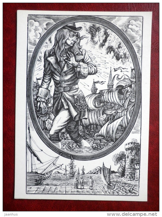 warships - Gulliver's Travels by Jonathan Swift - book - engravings by S. Harlamov - Russia USSR - 1976 - unused - JH Postcards