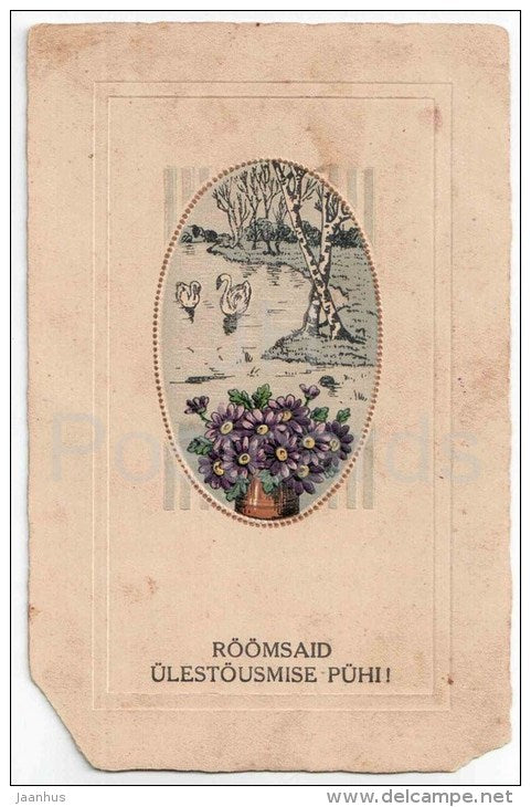 Easter Greeting Card - swan - flowers - birch trees - circulated in Estonia Tallinn 1923 - JH Postcards