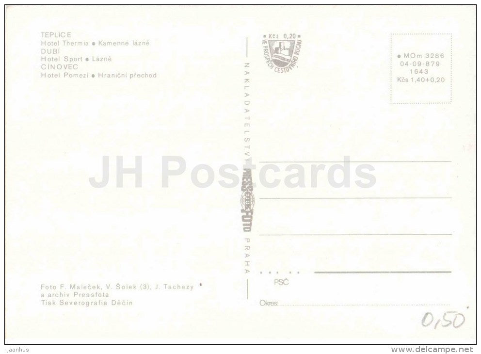 Teplice , hotel Thermia , bus - Dubi , hotel Sport - Cinovec , hotel Pomezi - Czechoslovakia - Czech - unused - JH Postcards