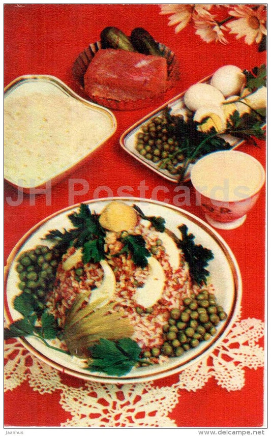 rice salad - eggs - Ocean Gifts - dishes - cuisine - 1981 - Russia USSR - unused - JH Postcards