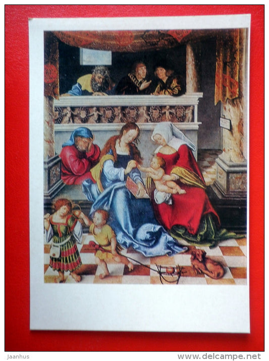 painting by Lucas Cranach the Elder . Holy Family with the Elector of Saxony - dog - german art - unused - JH Postcards