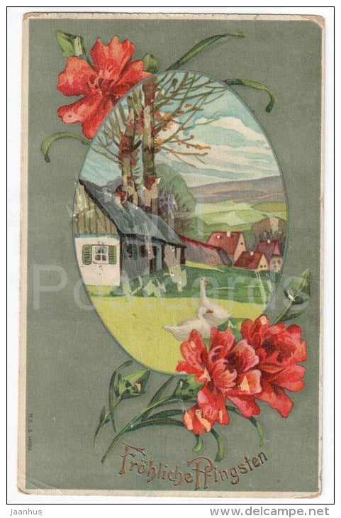 Pentecost Greeting Card - Fröhliche Pfingsten - flowers - House - goose - 14199 - circulated in Imperial Russia 1911 - JH Postcards