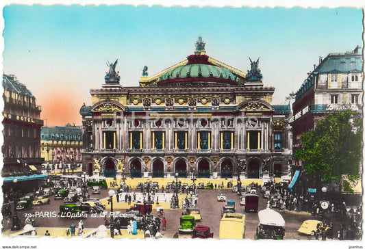 Paris - L'Opera et la Place - opera theatre - old cars - 79 - old postcard - France - unused - JH Postcards