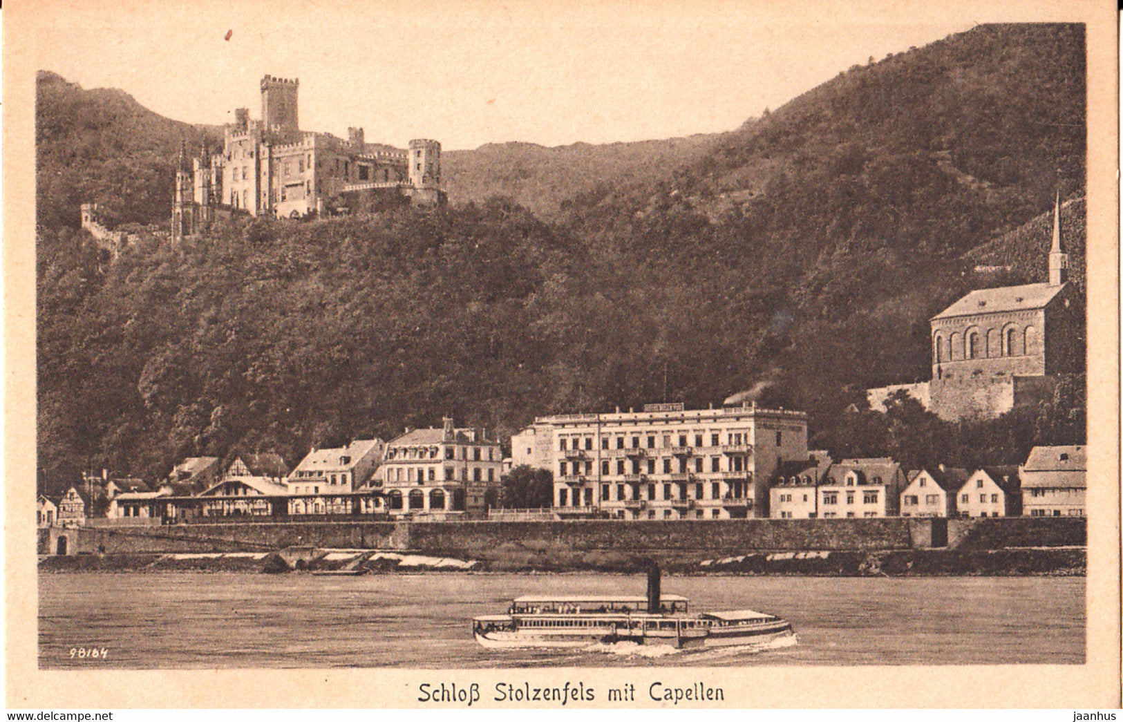 Schloss Stolzenfels mit Capellen - boat - steamer - castle - old postcard - 33 - Germany - unused - JH Postcards