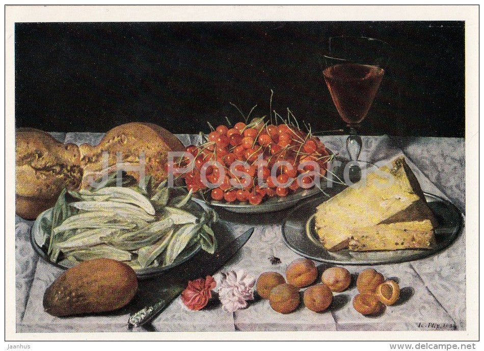 painting by Joseph Plepp - Still Life , 1632 - cheese - cherry - wine - Swiss art - Russia USSR - old postcard - unused - JH Postcards