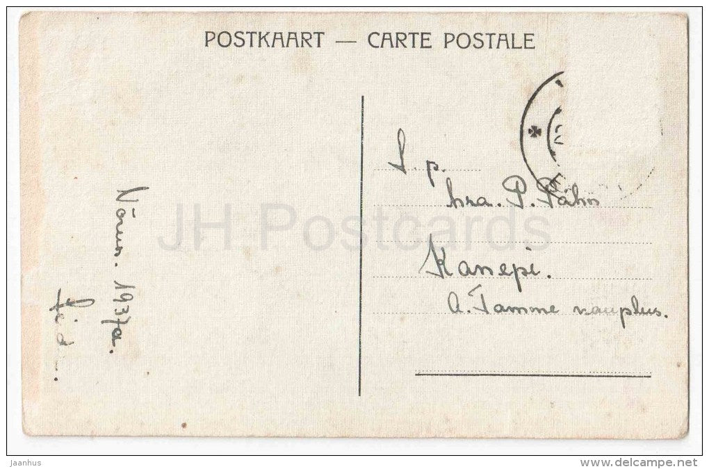 Easter Greeting Card - cock - cat - flowers - circulated in Estonia 1937 - JH Postcards