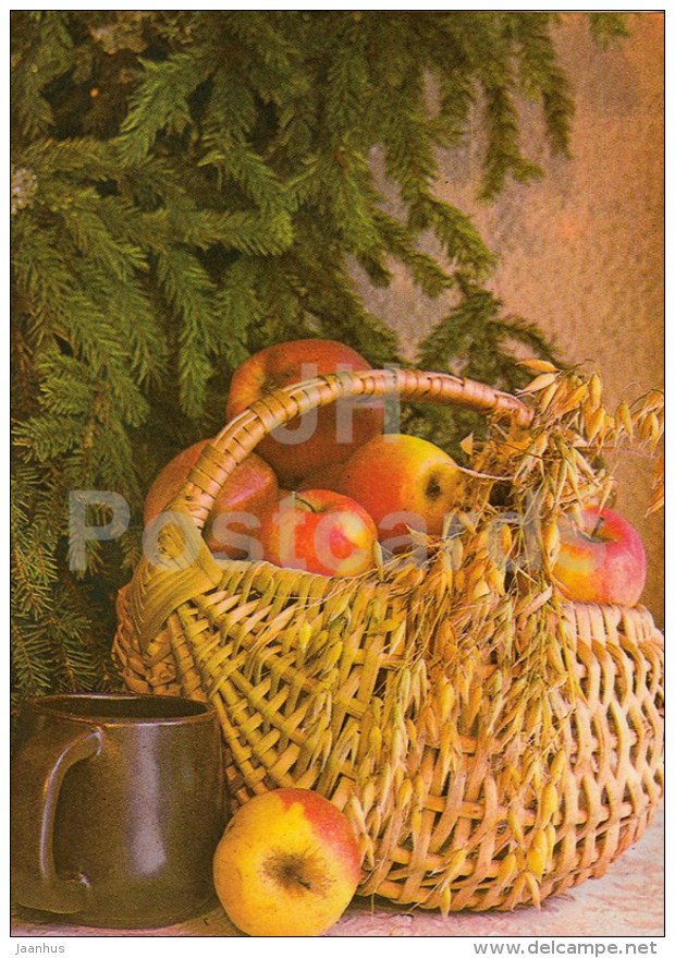 New Year Greeting card - 2 - apples - basket - cup - 1983 - Estonia USSR - used - JH Postcards