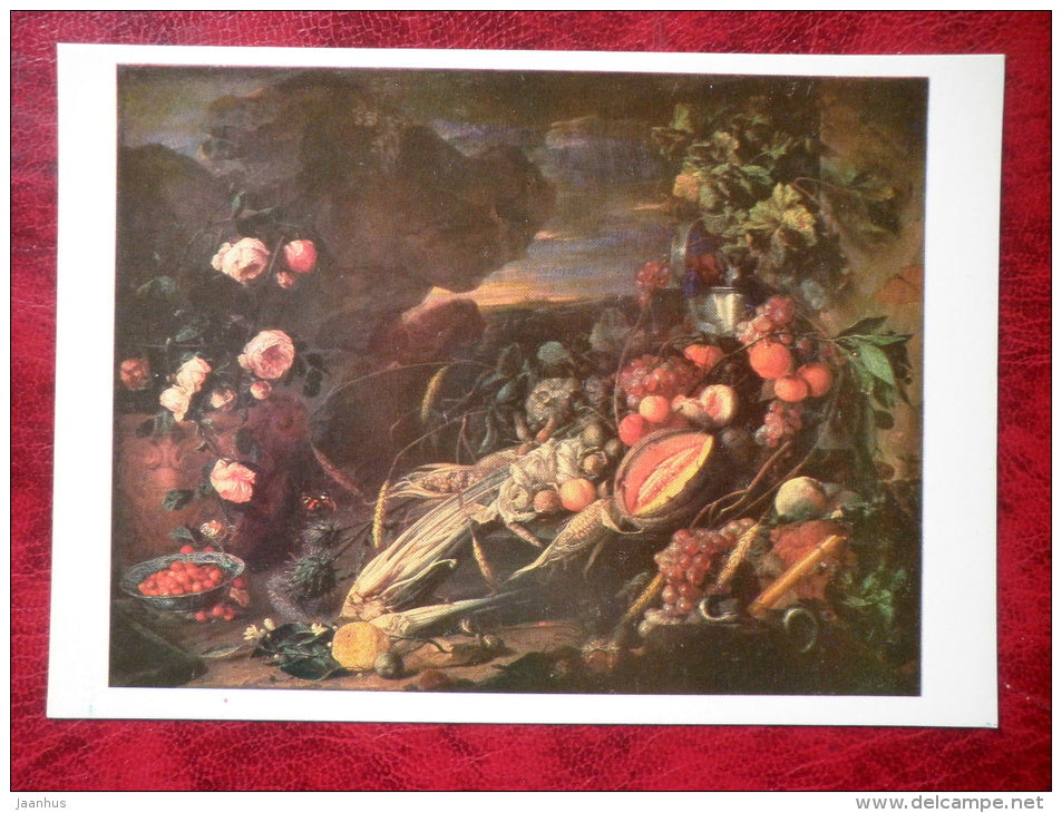 Painting by Jan Davidsz de Heem - Still Life - Fruit and Vase of Flowers . 1655 - corn - dutch art - unused - JH Postcards
