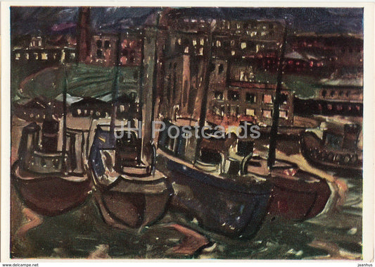 painting by G. Verbitsky - Port in the Evening - fishing boats - In Karelia - art - 1971 - Russia USSR - unused - JH Postcards