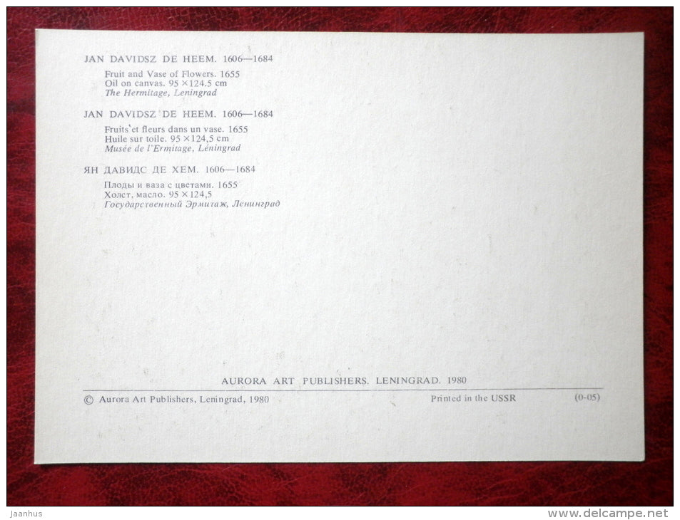 Painting by Jan Davidsz de Heem - Still Life - Fruit and Vase of Flowers . 1655 - corn - dutch art - unused - JH Postcards