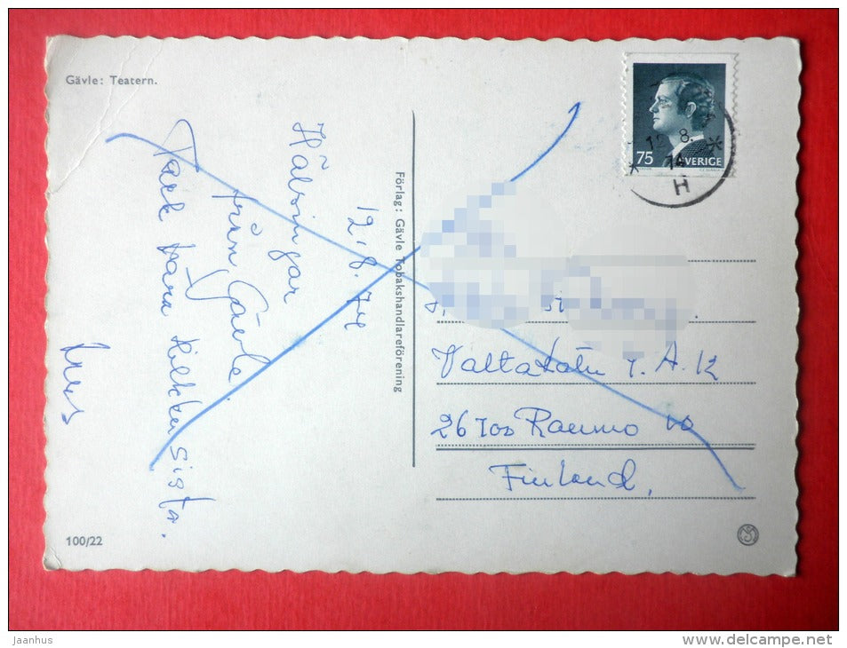 Theatre - fountain - Gävle - 100/22 - Sweden - sent from Sweden to Finland 1974 - JH Postcards