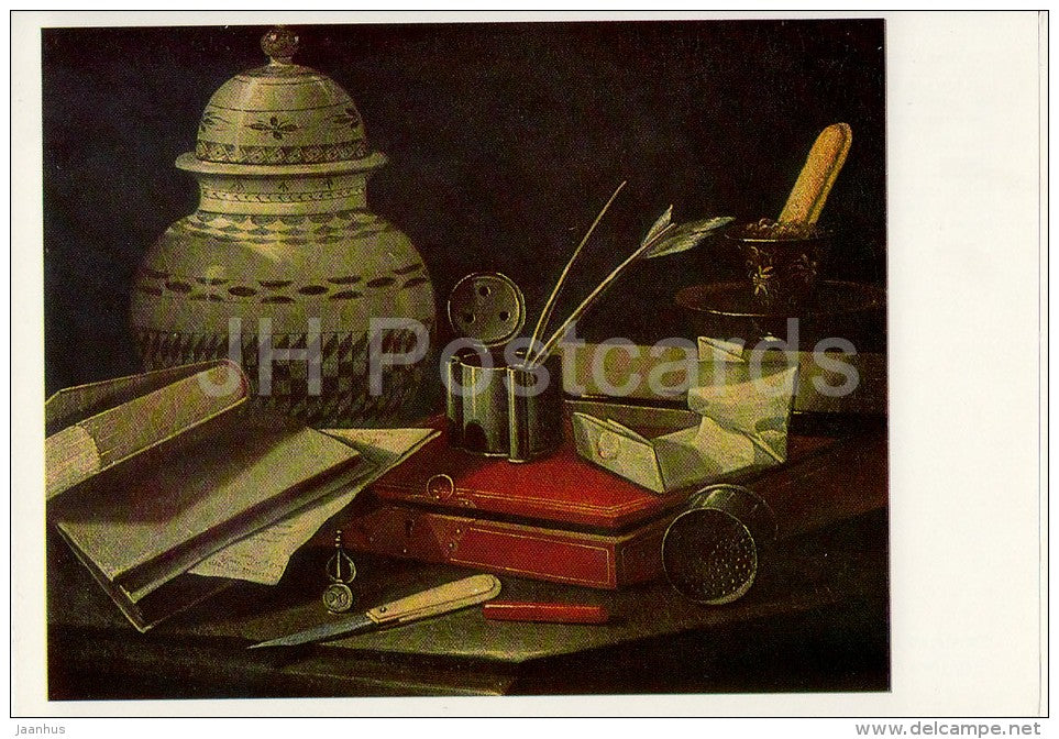 painting by Cristoforo Monari - Still Life with a Writing Materials - Italian art - Russia USSR - 1988 - unused - JH Postcards