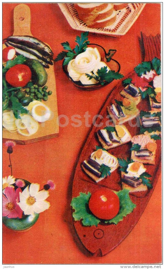 sandwiches with spicy capelin - tomato - Ocean Gifts - dishes - cuisine - 1981 - Russia USSR - unused - JH Postcards