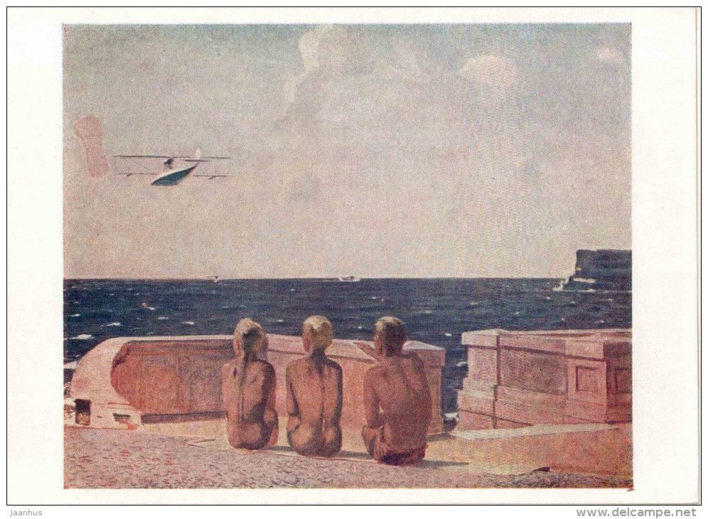 Painting by A. Deyneka - Future pilots , 1938 - boys - seaplane - russian art - unused - JH Postcards