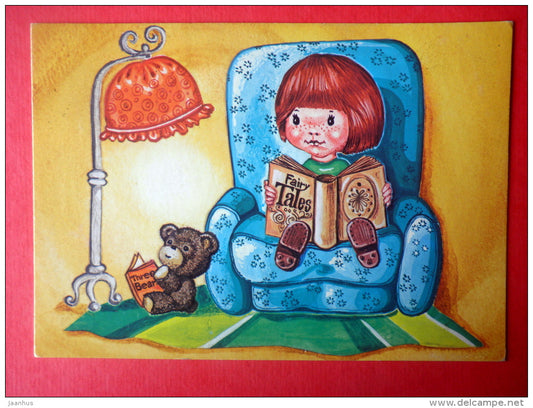 illustration - girl reading - teddy bear - sent from Finland Turku to Estonia USSR 1983 - JH Postcards