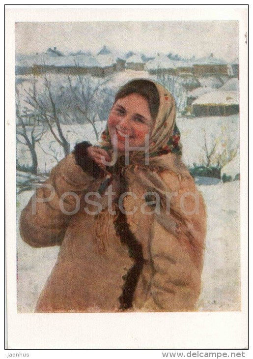 painting by F. Sychkov - Girl in Winter , 1912 - russian art - unused - JH Postcards