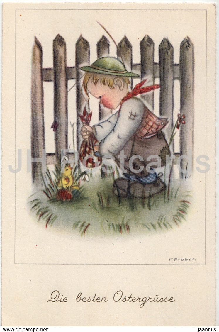 Easter Greeting Card - Die Besten Ostergrusse - boy - chicken - Probst - HA CO 7805 - old postcard - Germany - used - JH Postcards