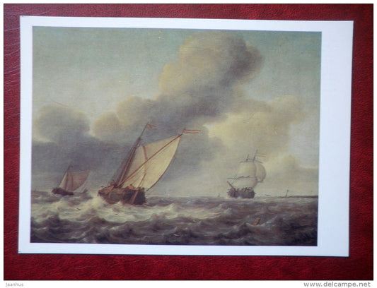 painting by Jan Porcellis , Stormy Sea - sailing ship - dutch art  - unused - JH Postcards