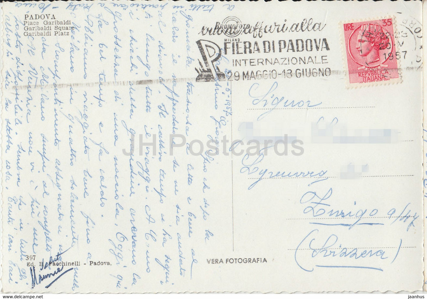 Padoue - Piazza Garibaldi - voiture - trolleybus - place - carte postale ancienne - 1957 - Italie - utilisé