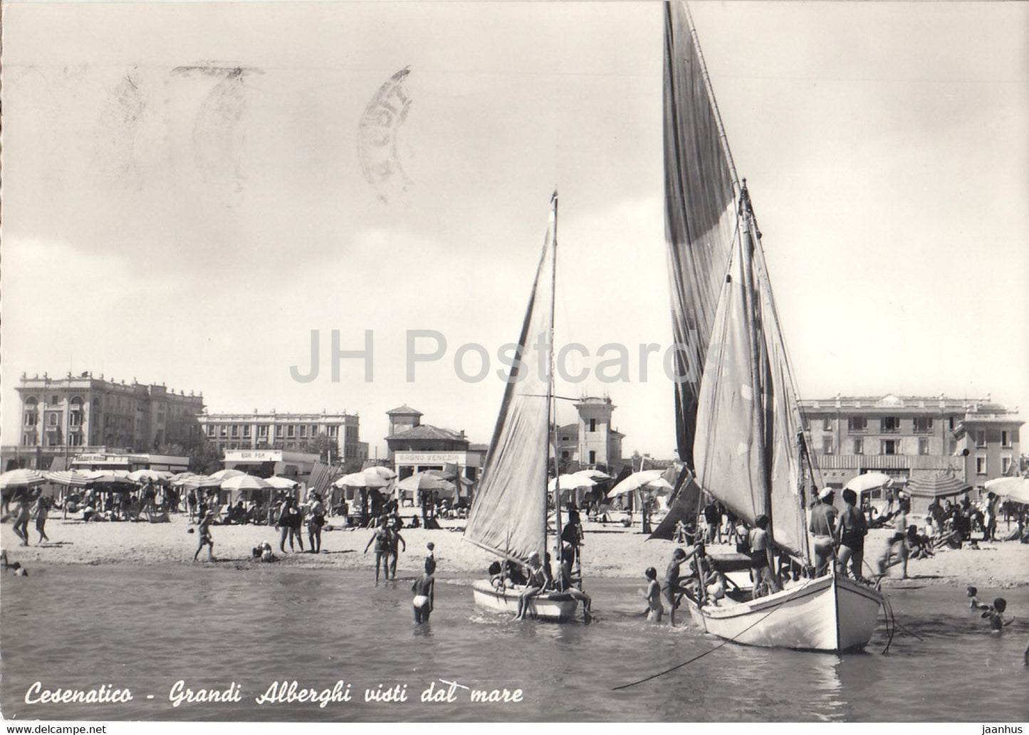 Cesenatico - Grandi Alberghi visti dal mare - Grand Hotels from Sea - sailing boat - old postcard - 1958 - Italy - used - JH Postcards