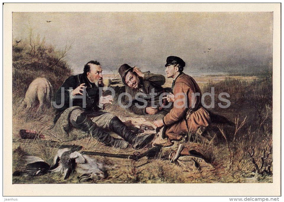 painting by V. Perov - Hunters at Rest - hare - bird - hunting gun - Russian art - 1965 - Russia USSR - unused - JH Postcards