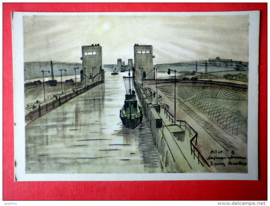illustration by V. Vetrogonsky - Third Sluice - ship - Volga & Baltic Waterway - canal - 1966 - Russia USSR - unus - JH Postcards