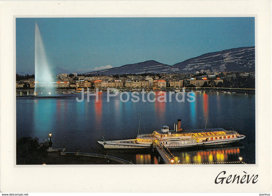 Geneve - Geneva - Geneve la Nuit - La Rade et le Jet d'Eau - steamer - ship - Switzerland - unused - JH Postcards