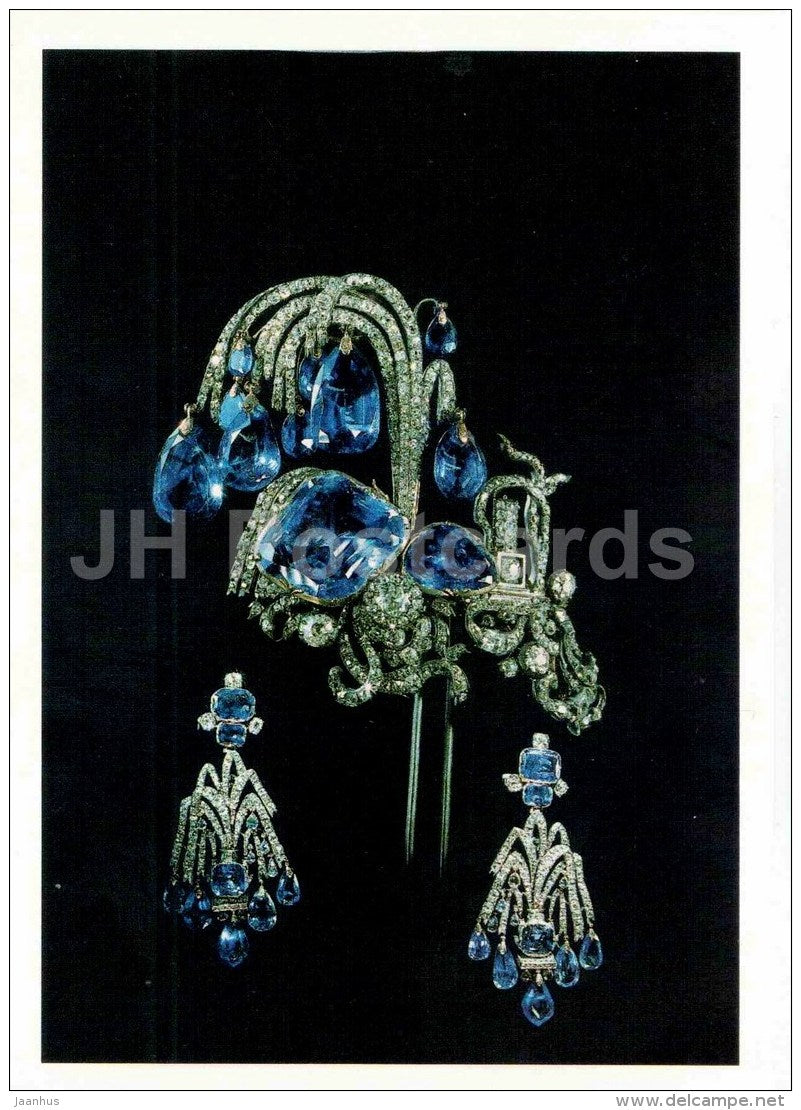 Egret Fountainand Earrings , 1750s - gold - silver - sapphires - Diamond Fund - Moscow - 1991 - Russia USSR - unused - JH Postcards