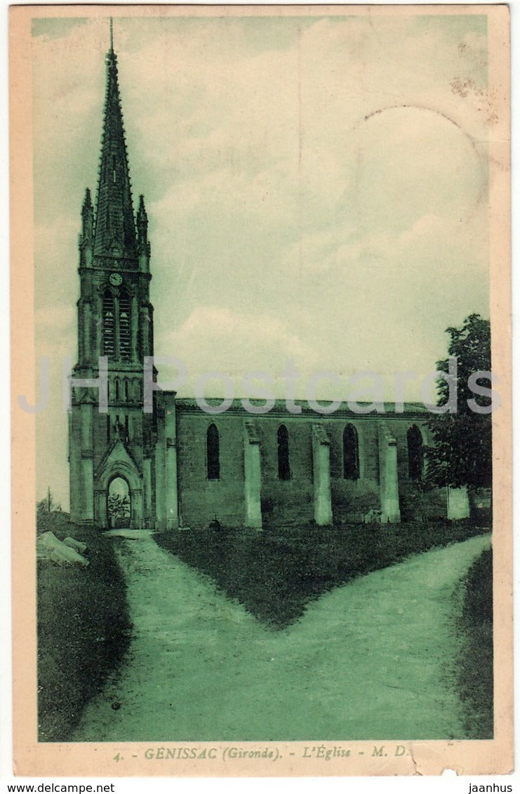 Genissac - L'Eglise - church - 4 - 1938 - old postcard - France - used - JH Postcards