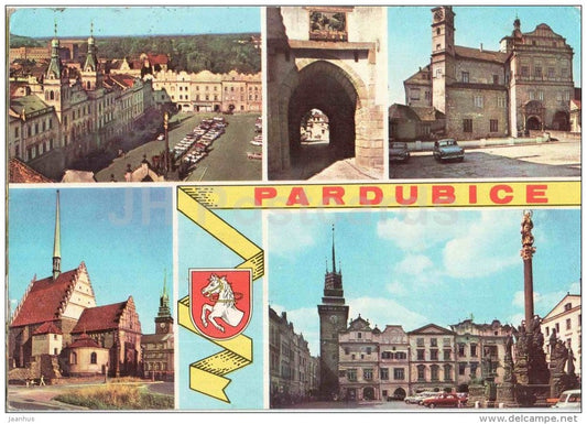 Pardubice - Pernstejnske square - castle gate - church - Czechoslovakia - Czech - used 1977 - JH Postcards