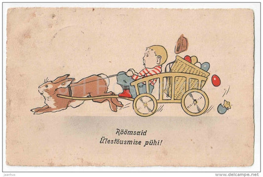 Easter Greeting Card - hare - rabbit - boy - eggs - carriage - circulated in Estonia 1920s - JH Postcards