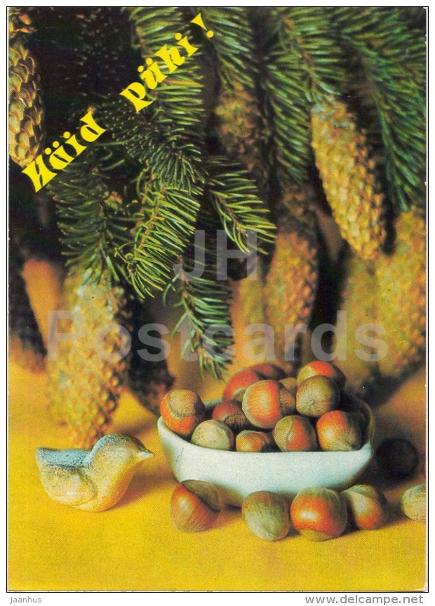 New Year Greeting card - 1 - cones - nuts - postal stationery - 1990 - Estonia USSR - used - JH Postcards