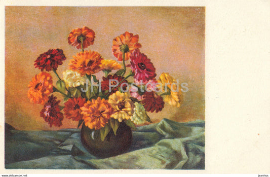 flowers in a vase - illustration - 5005 - old postcard - 1948 - Switzerland - used - JH Postcards