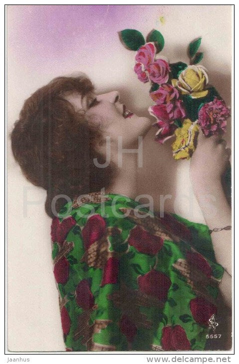woman with roses - flowers - 5557 - circulated in Estonia 1920s - JH Postcards