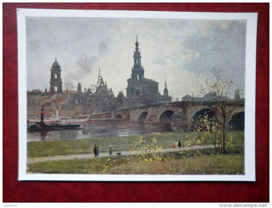 painting by B. Scherbakov - Old Dresden by Elbe - ship - boat - bridge - russian art - unused - JH Postcards
