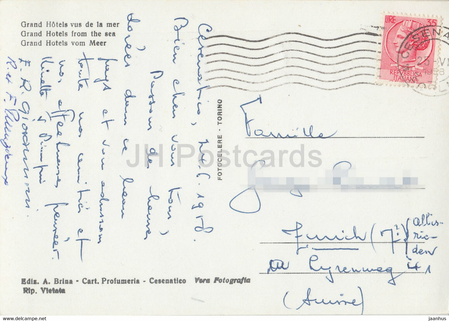 Cesenatico - Grandi Alberghi visti dal mare - Grand Hotels from Sea - voilier - carte postale ancienne - 1958 - Italie - utilisé