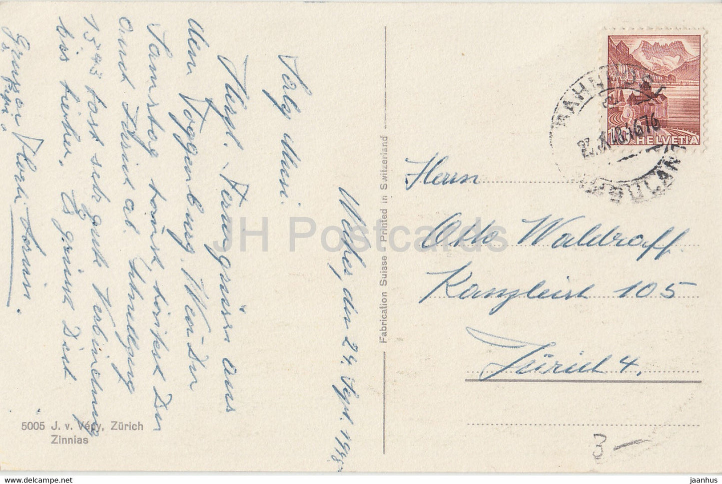 flowers in a vase - illustration - 5005 - old postcard - 1948 - Switzerland - used