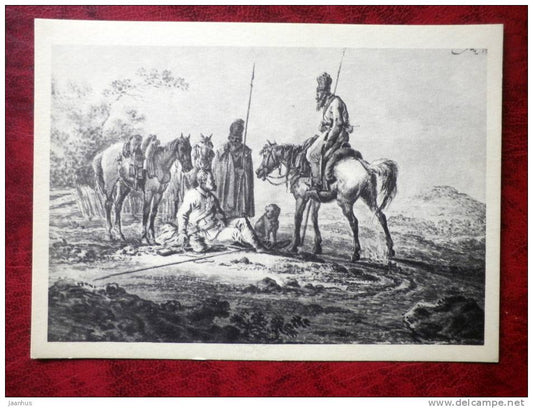 Painting by A.O. Orlowski - resting Cossack patrol - art - postcard printed in 1959 - Russia - USSR - unused - JH Postcards