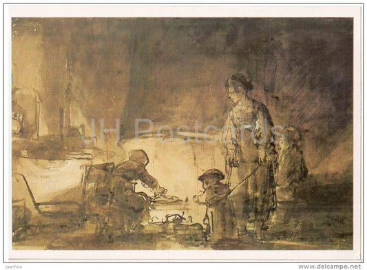 drawing by Rembrandt - Kitchen . 1649 - dutch art - unused - JH Postcards