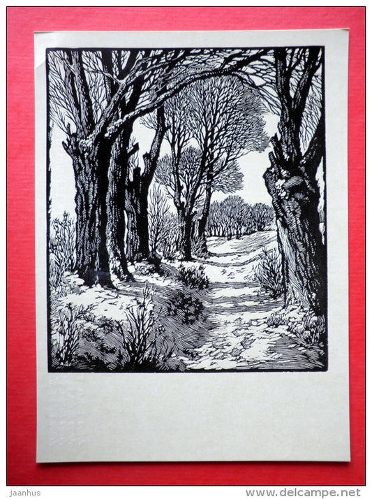 engraving by Arturs Duburs - Winter - latvian art - unused - JH Postcards