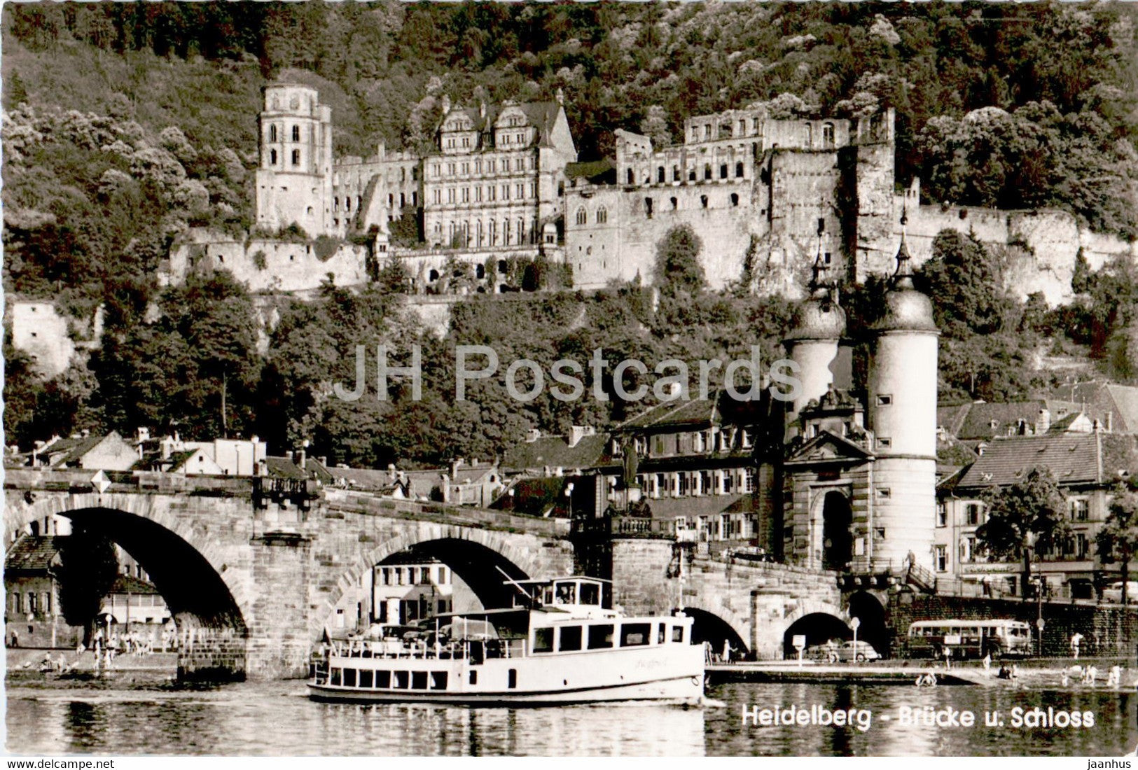 Heidelberg - Brucke u Schloss - castle - bridge - ship - old postcard - Germany - unused - JH Postcards