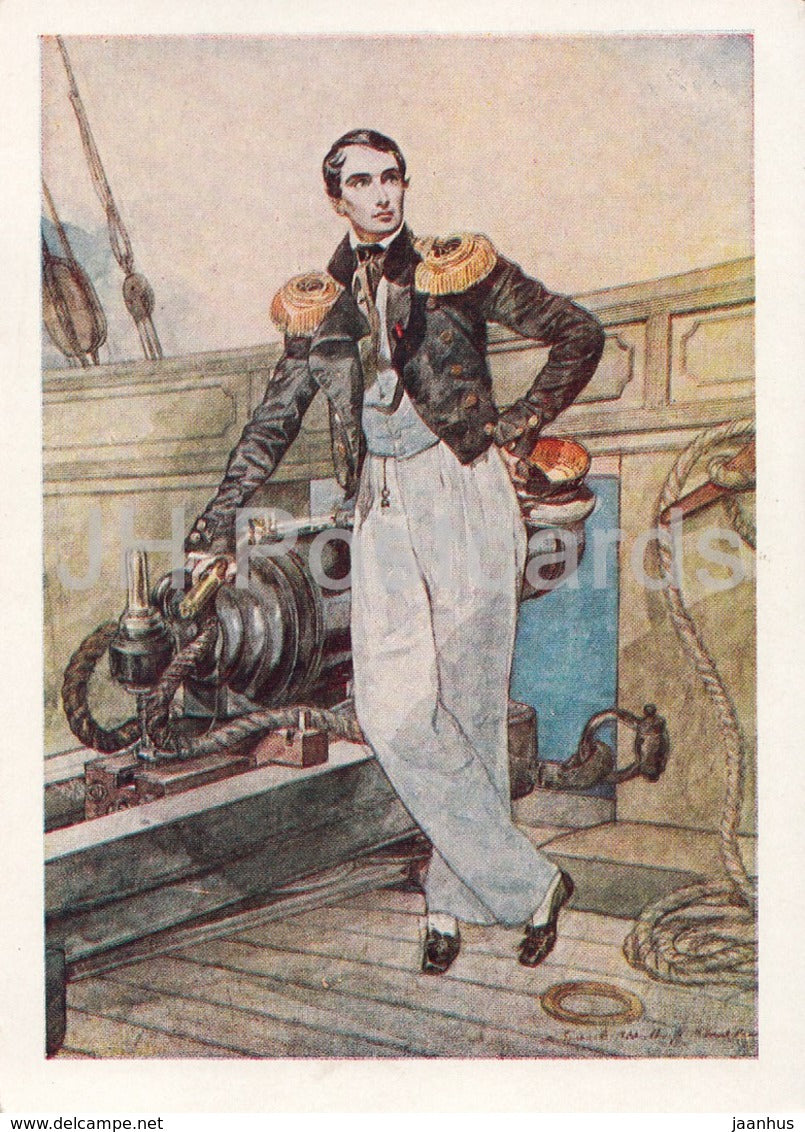 painting by K. Bryullov - V. Kornilov on board the brig Themistocles , 1835 - Russian art - 1958 - Russia USSR - unused - JH Postcards