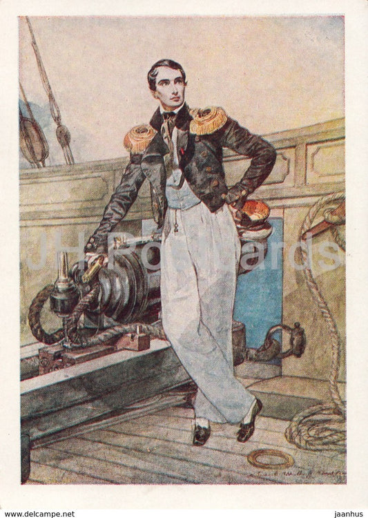 painting by K. Bryullov - V. Kornilov on board the brig Themistocles , 1835 - Russian art - 1958 - Russia USSR - unused - JH Postcards