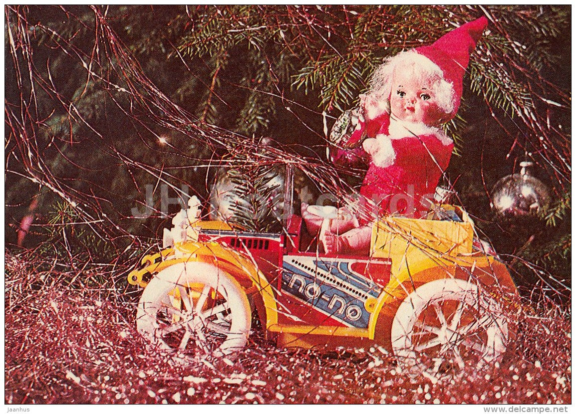 New Year Greeting card - toy car - puppet - decorations - 1981 - Estonia USSR - used - JH Postcards