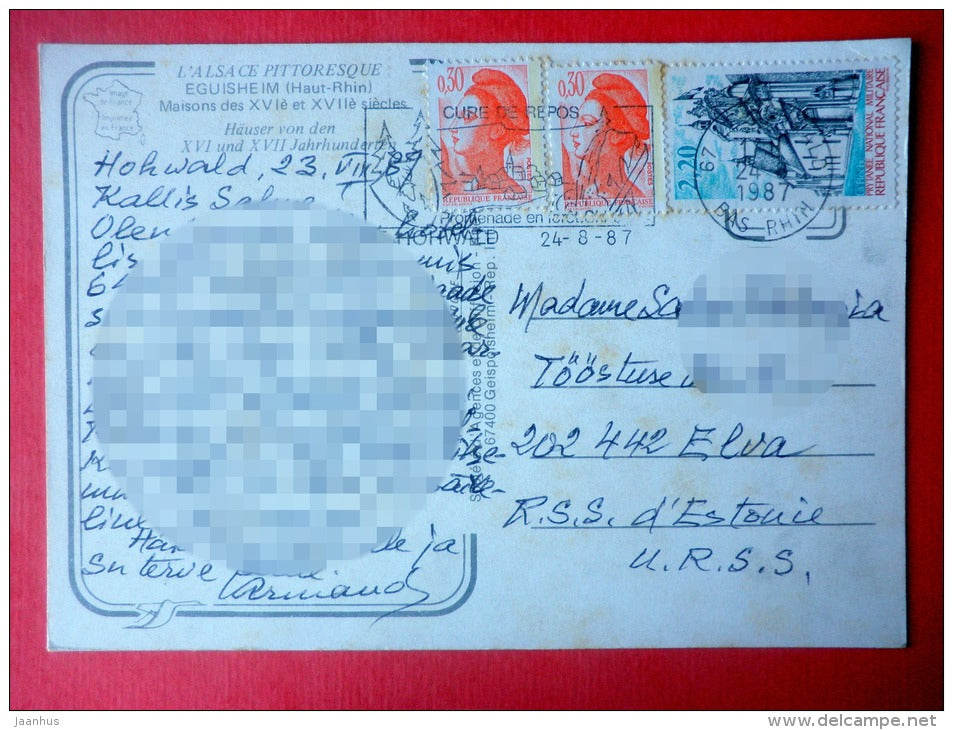 L´Alsace Pittoresque , Maisons - Eguisheim - Haut-Rhin  France - sent from France to Estonia USSR Elva 1987 - JH Postcards