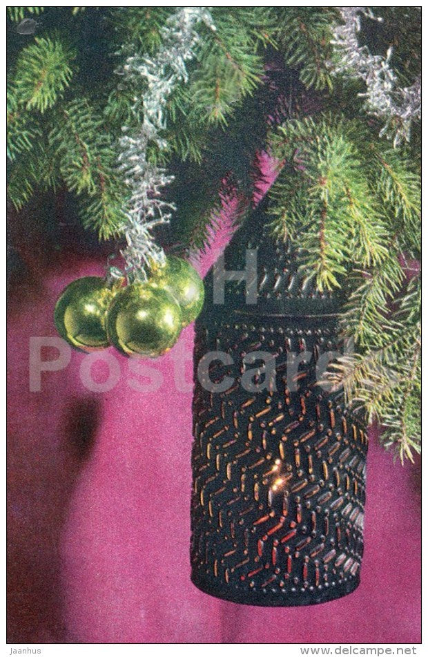 New Year Greeting card - 1 - lantern - decorations - 1973 - Estonia USSR - used - JH Postcards
