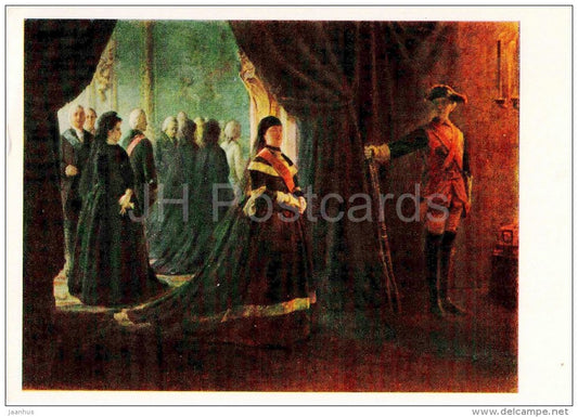 painting by N. Ge - Catherine II at the tomb of Empress Elizabeth , 1874 - russian art - unused - JH Postcards