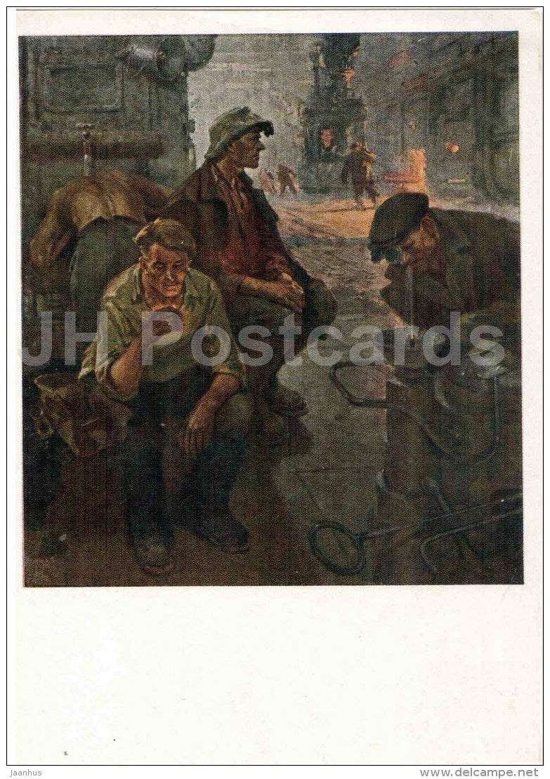 painting by A. Burak - Melting factory - industry workers - Russian art - 1958 - Russia USSR - unused - JH Postcards