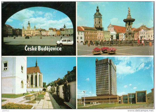 Zizkov square - town hall - Samson fountain - monastery garden - Ceske Budejovice - Czechoslovakia - Czech - used 1986 - JH Postcards